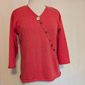Lulu B Cotton V Neck Lightweight Coral Red Sweater Diagonal Button Accent Sz Med